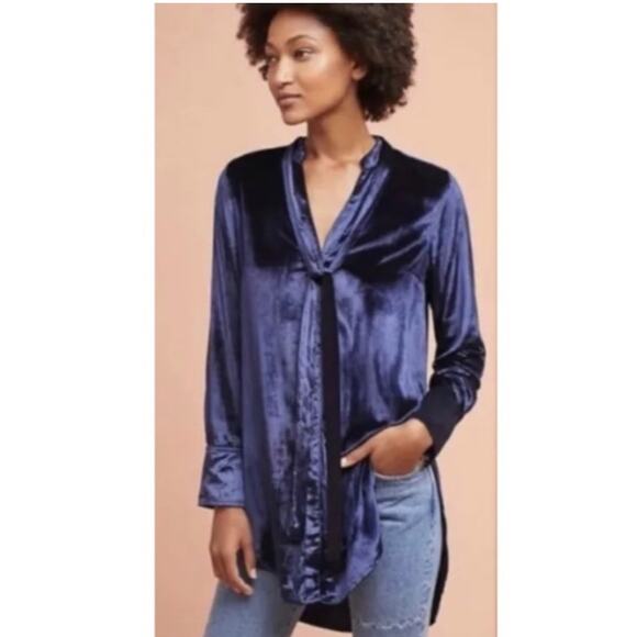 Maeve Blue Velvet Button Front Tie Neck Tunic Womens 6 Formal Dressy Holiday Fun - Picture 2 of 15